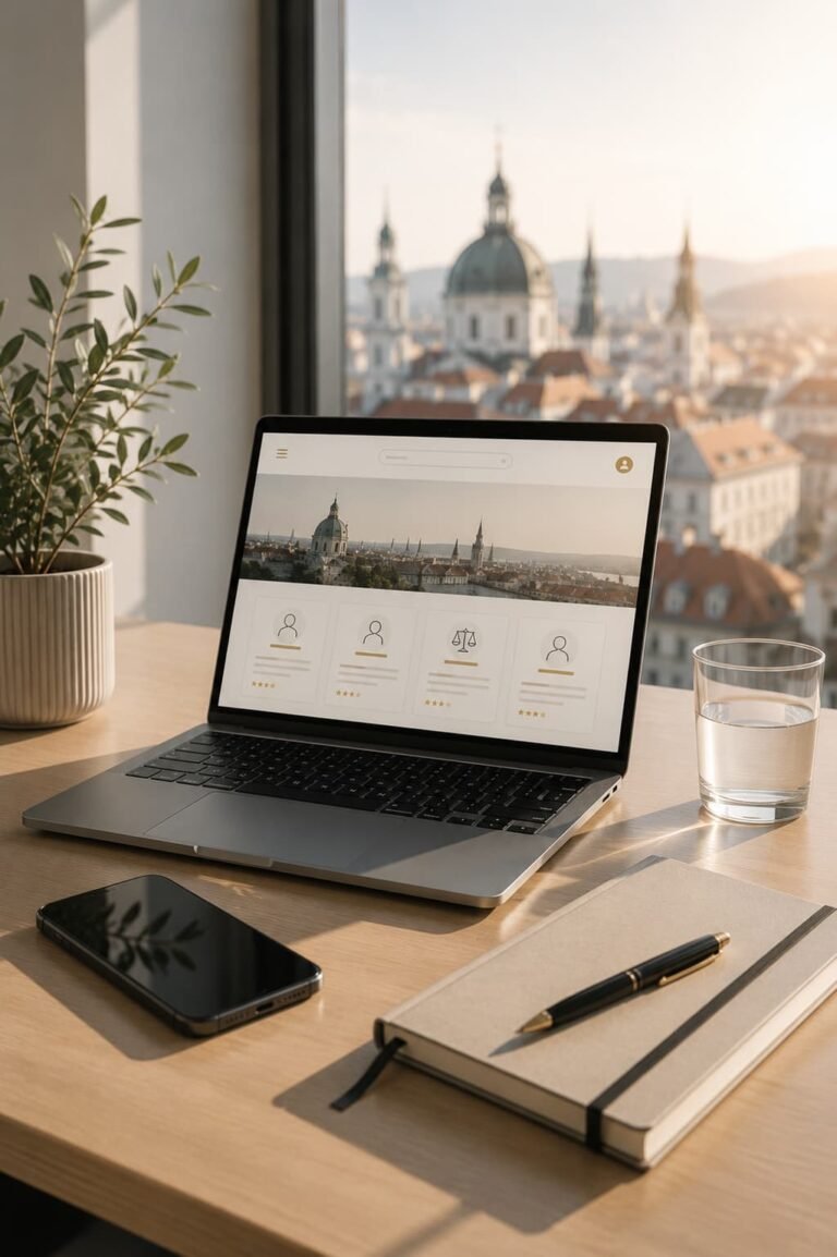 Laptop mit einer modernen Expertenplattform auf einem hellen Schreibtisch mit Blick über eine österreichische Stadt.
