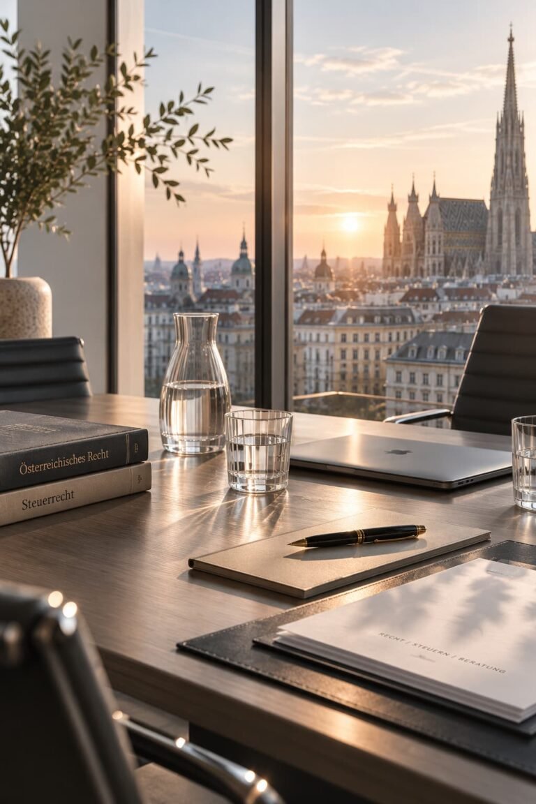 Moderner Besprechungsraum mit Konferenztisch und Blick auf die Wiener Skyline. Kontakt Renvou
