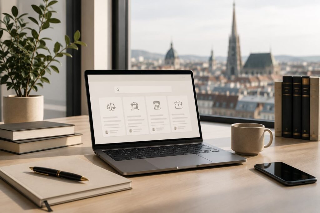 Moderner Arbeitsplatz mit Laptop und digitaler Expertenplattform für Rechts- und Steuerberatung in Österreich. Rechtliche Beratung in Österreich.