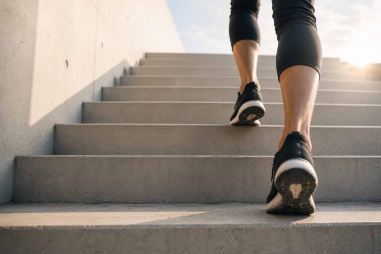 Person steigt eine moderne Treppe hinauf und symbolisiert den schrittweisen Aufbau der Plattform Renvou. Renvou Konzept Entwicklung.
