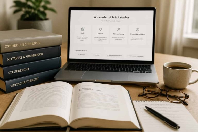 Moderner Arbeitsplatz mit Laptop, Fachbüchern und Notizen als Symbol für den Wissensbereich und Ratgeber von Renvou.
